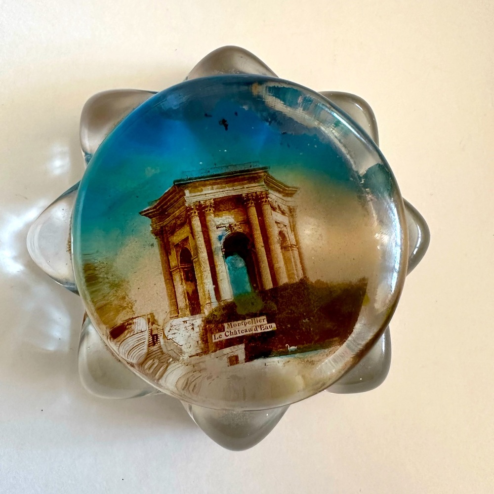 Vintage 1920's Art Deco Artistic Glass Paperweight Historical Print Montpellier